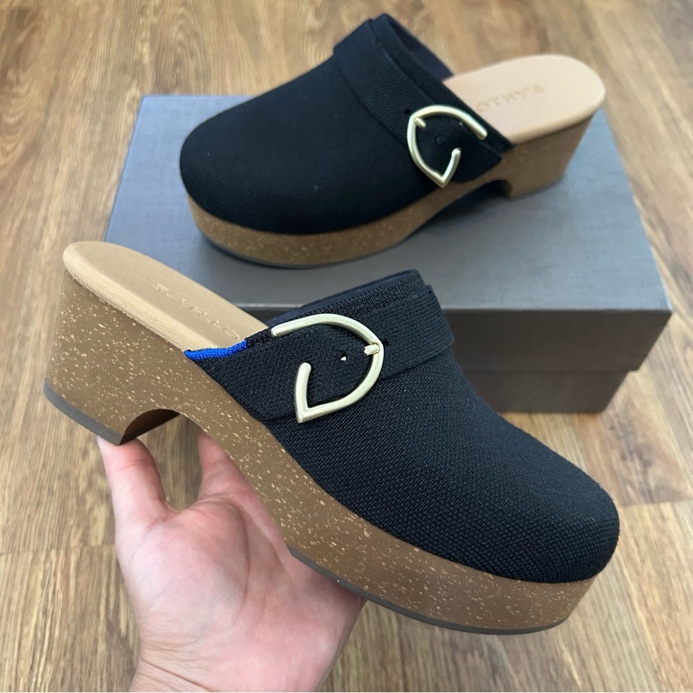 ROTHY’S black gold buckle platform heeled clogs mules slip on shoes sz 7 new